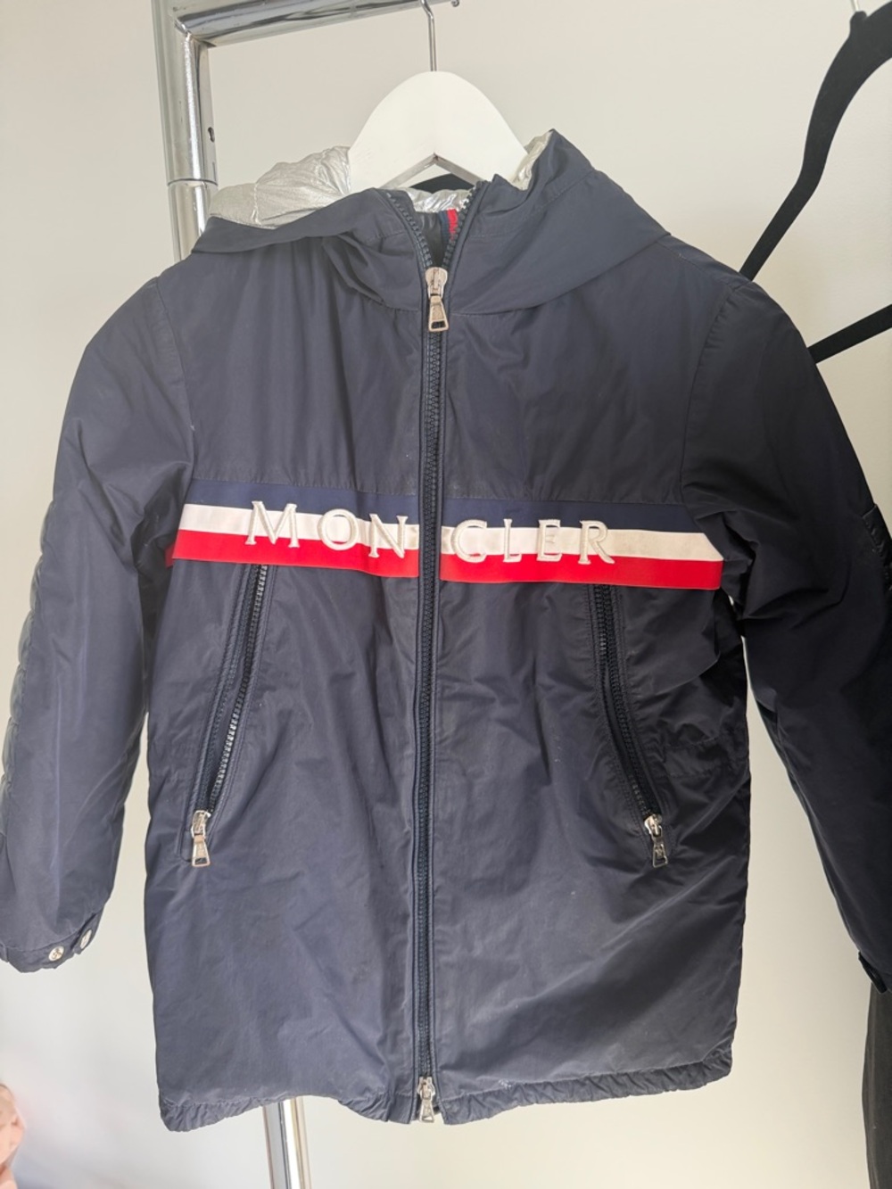 Moncler Kids Navy Hooded Raincoat with Tricolor Stripe